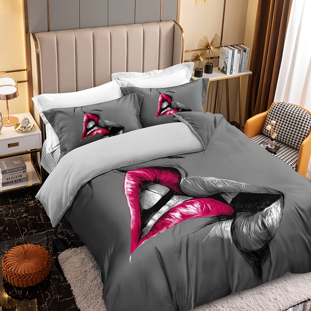 Couple Bedding Set with Crimson Lips Kissing Sketch Duvet Cover and Pillowcases