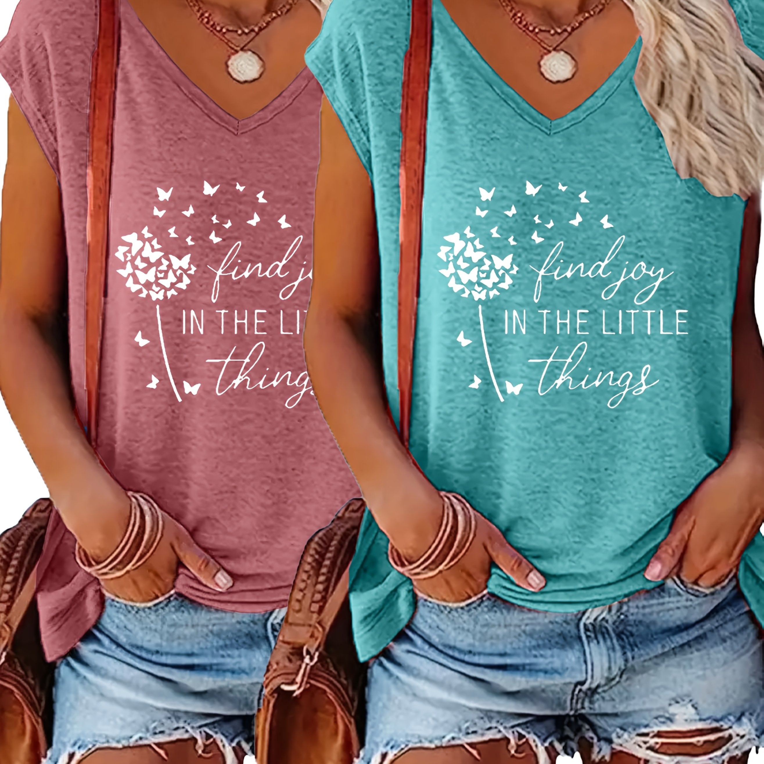 Women's Printed V-Neck T-Shirts Short Sleeve Casual Spring Summer Pack of 2