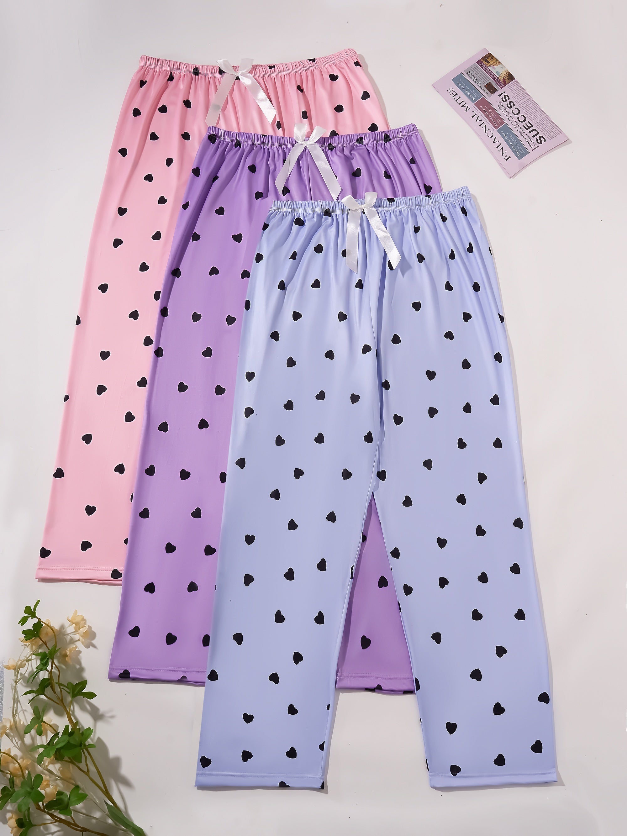 Women's Plus Size Sleep Pants Heart Print Bow Elastic Waist Loose Lounge Trousers