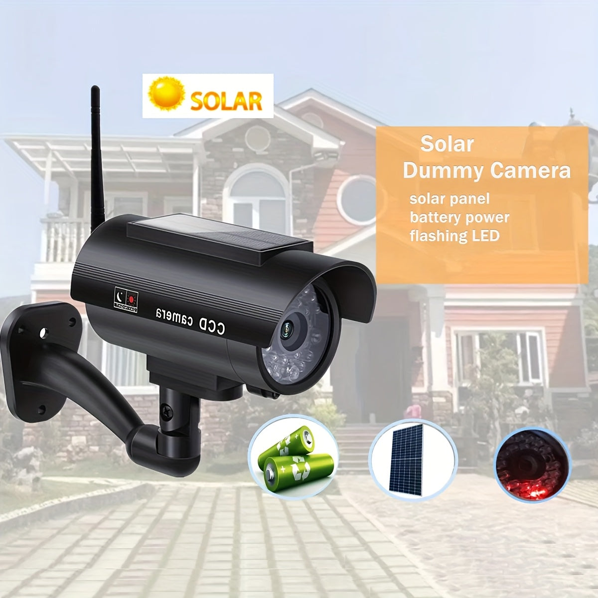 Solar Powered Fake Security Camera with Red Flashing LED Light