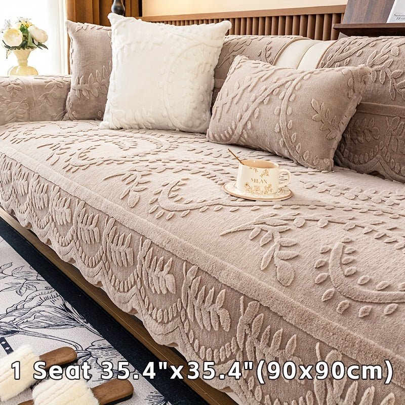 Beige Faux Rabbit Fur Sofa Cover for 1-4 Seaters with Floral Leaf Pattern Non-Slip Washable