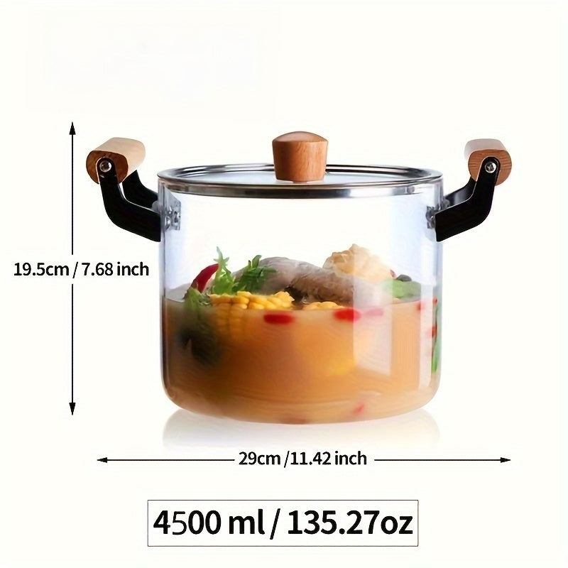 Glass Soup Pot with Lid and Wooden Handles for Cooking Pasta Noodles Soup