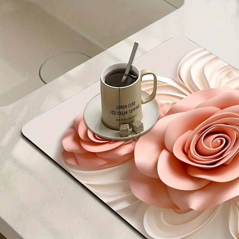 Qora 3D Rose idishlarni quritish matosi, sirpanmaydigan, so‘riladigan oshxona stolini himoyalovchi