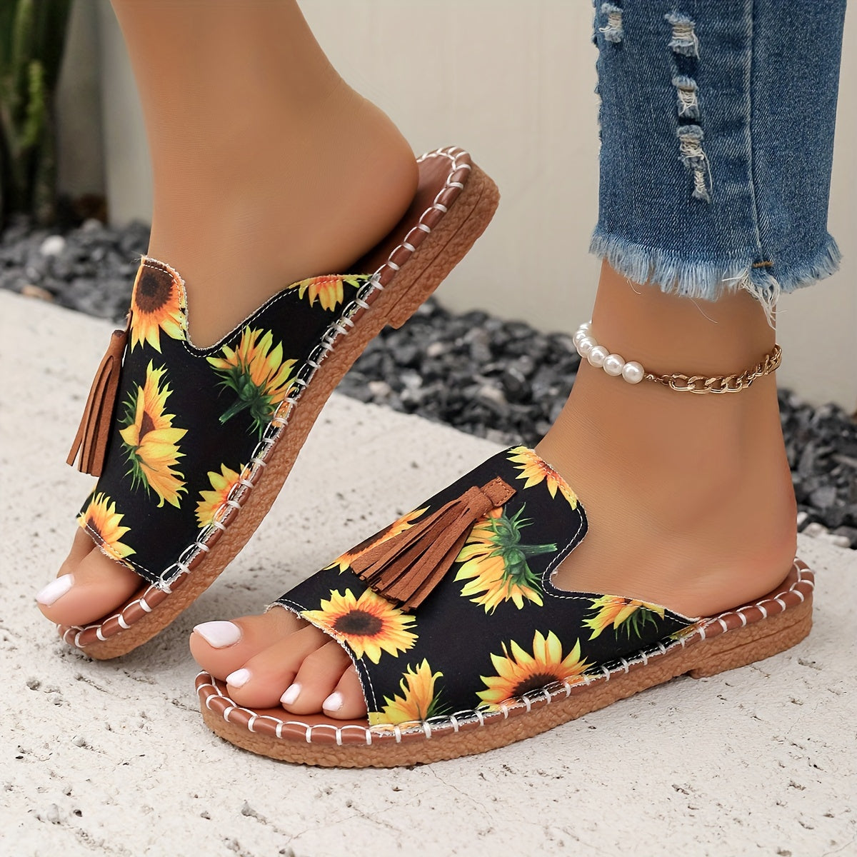 Bohemian Canvas Sandals for Women with Tassel and Ethnic Pattern Slip-On Open Toe Flat Summer Shoes
