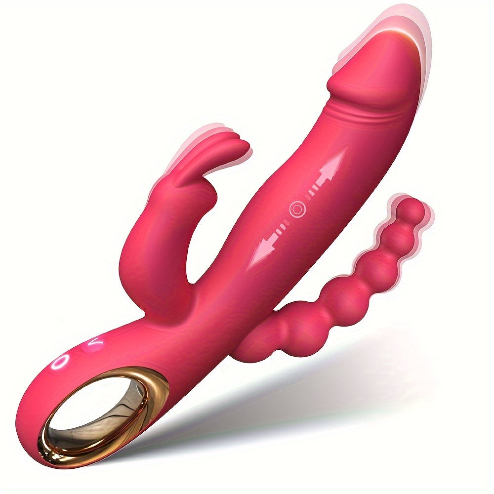 Mujer Dildo de silicona con movimiento de empuje, vibrador con orejas de conejo, estimulador de punto G y anal