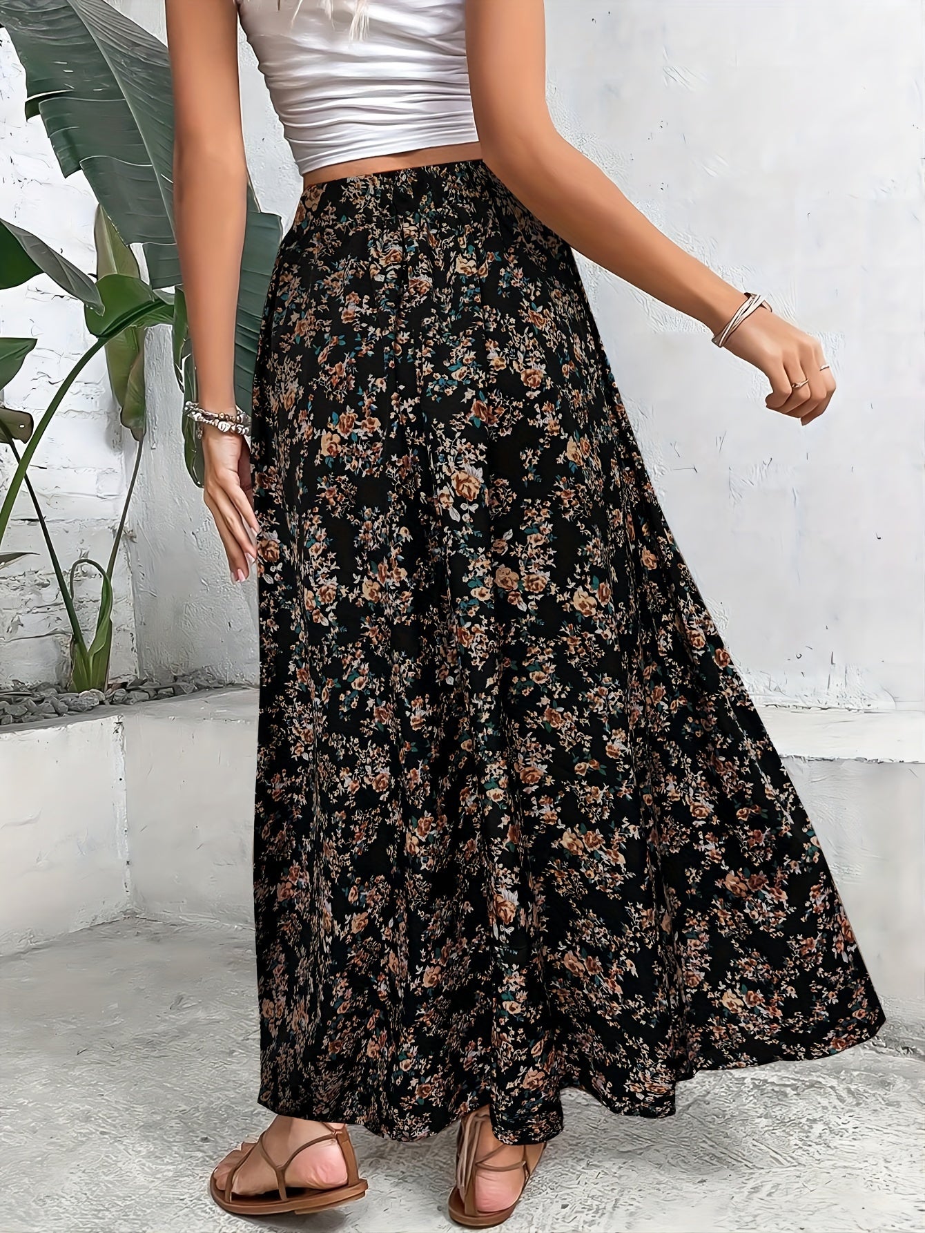 Bohemian Style Long Skirt with Small Floral Print Elastic Waist for Women