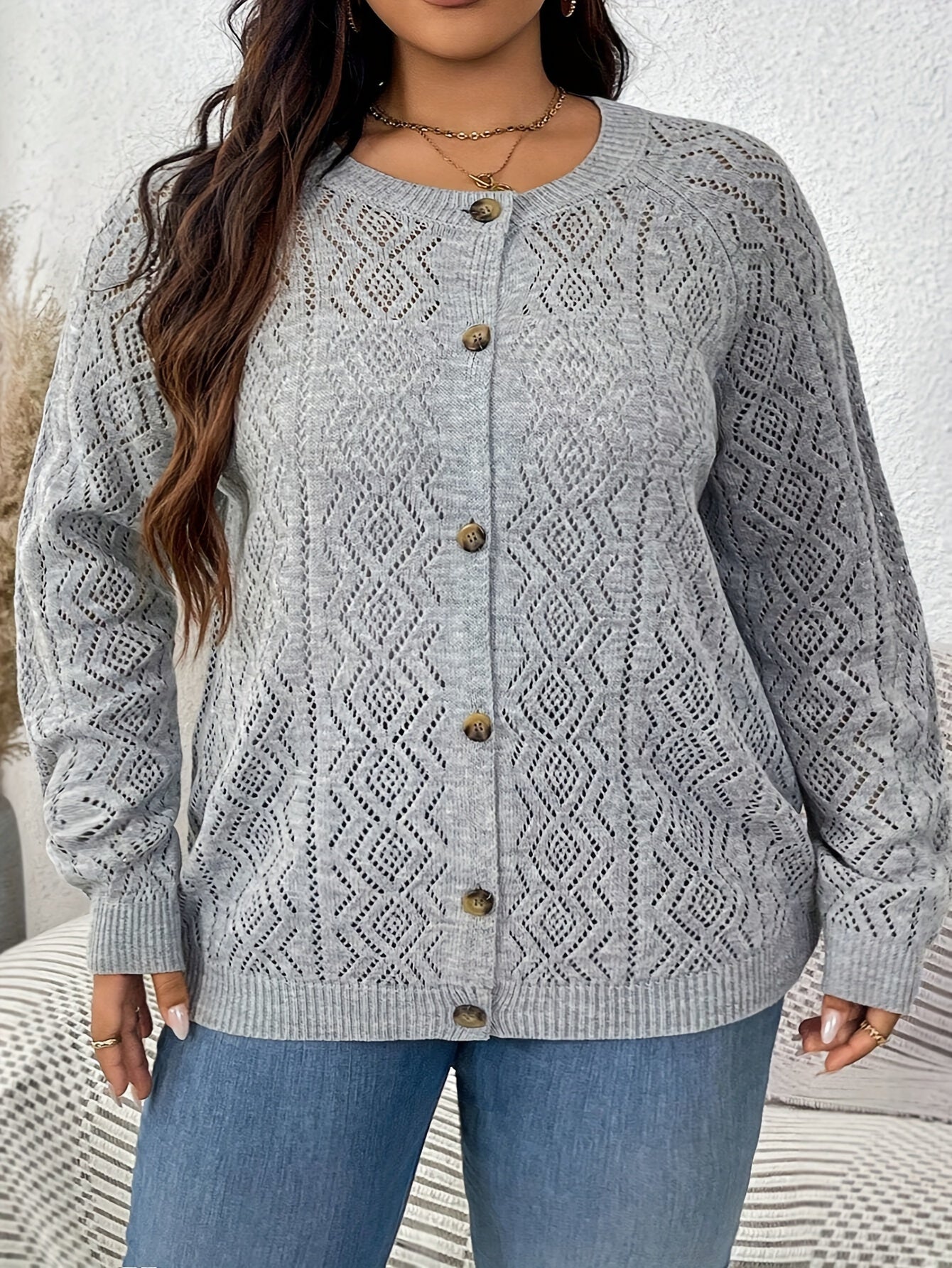 Plus Size Cable Knit Cardigan for Women Long Sleeve Button Front Fall Winter