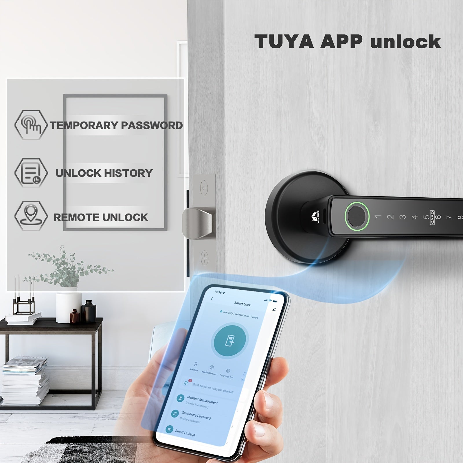 Smart Aluminum Alloy Wireless Door Lock with Fingerprint Passcode Card and App Compatibility