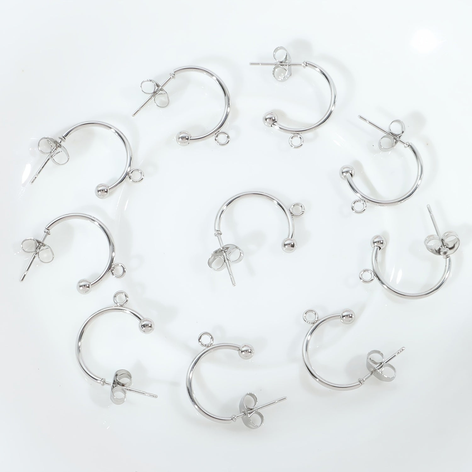 Stainless Steel C-shaklidagi sirg‘alar, 10 ta to‘plam, DIY zargarlik ishlab chiqarish uchun, to‘pli beadlar bilan