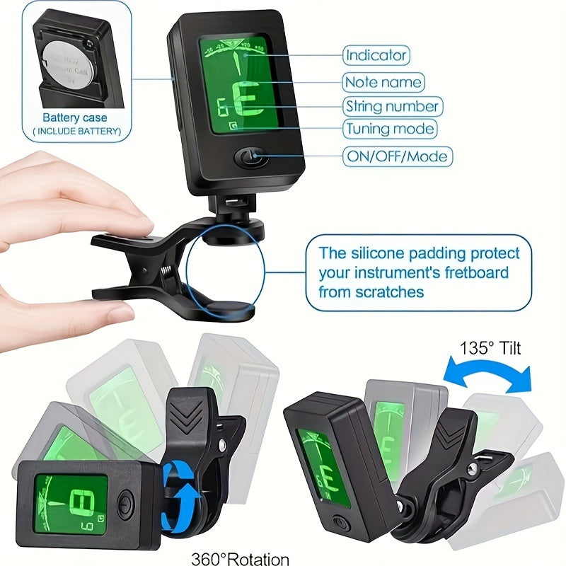 "Shovqinsiz Gitara Tuner Klipi, Tez Olib Tashlash, 6 Ta Rangli Pichoq va Kapodaster – Mustahkam Alyuminiy Qotishma, Akustik Gitara, Bass, Violin va Ukulele uchun LCD Ko'rsatkich"