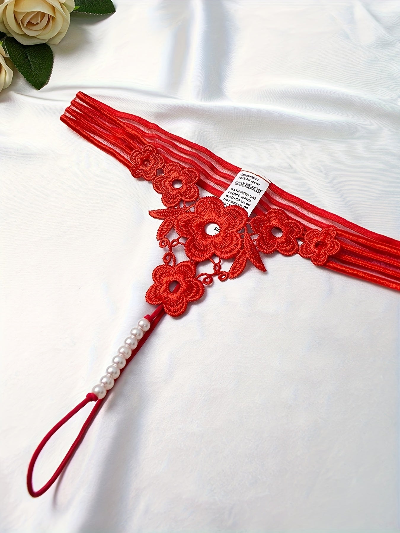 Women's Red Polyester Knit Thong Panties with Embroidered V-String and Drop Waist