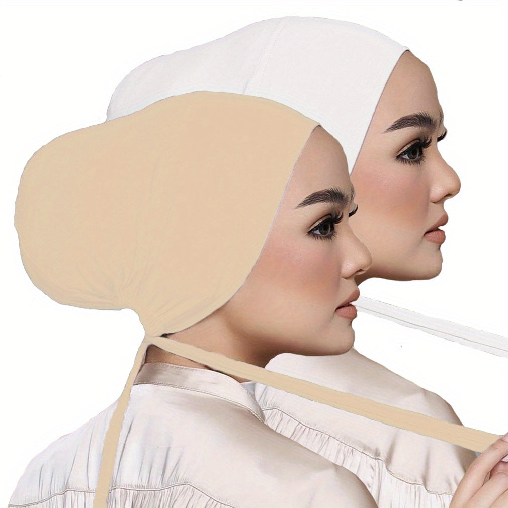 Set of 2 Solid Color Tied Back Undercaps with Elastic Inner Hijab Caps for Women