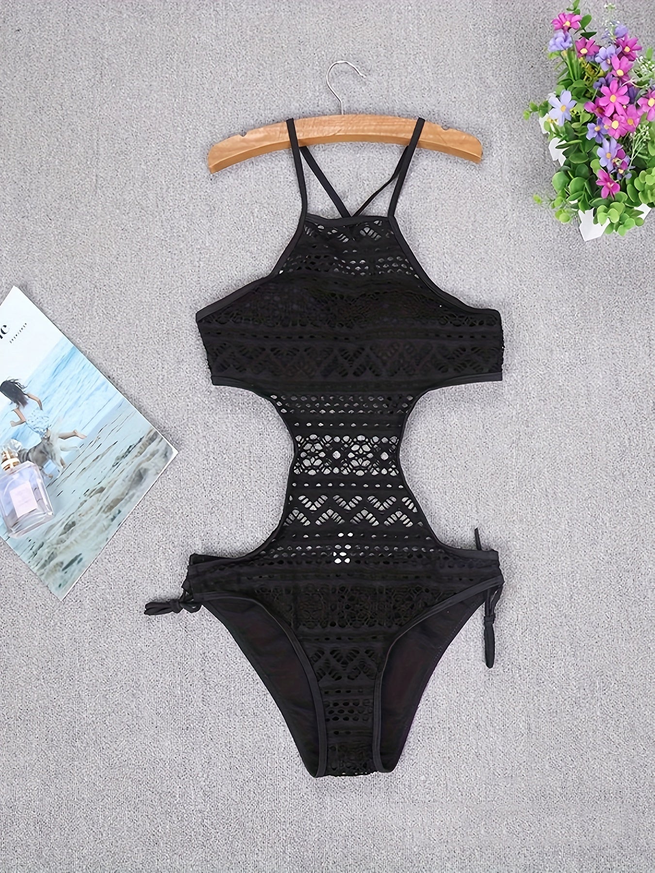Women's Lace One-Piece Swimsuit with Cutout, Removable Pads, Stretch Fabric