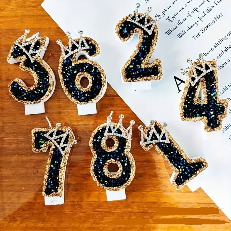 Large Birthday Cake Candles with Crown Metallic Powder Sparkling Number Candles for Kids and Weddings