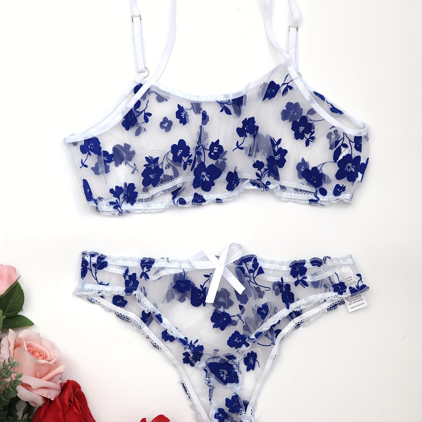 Women's Mesh Flower Lingerie Set with Transparent Details 2 Pieces Adult Size