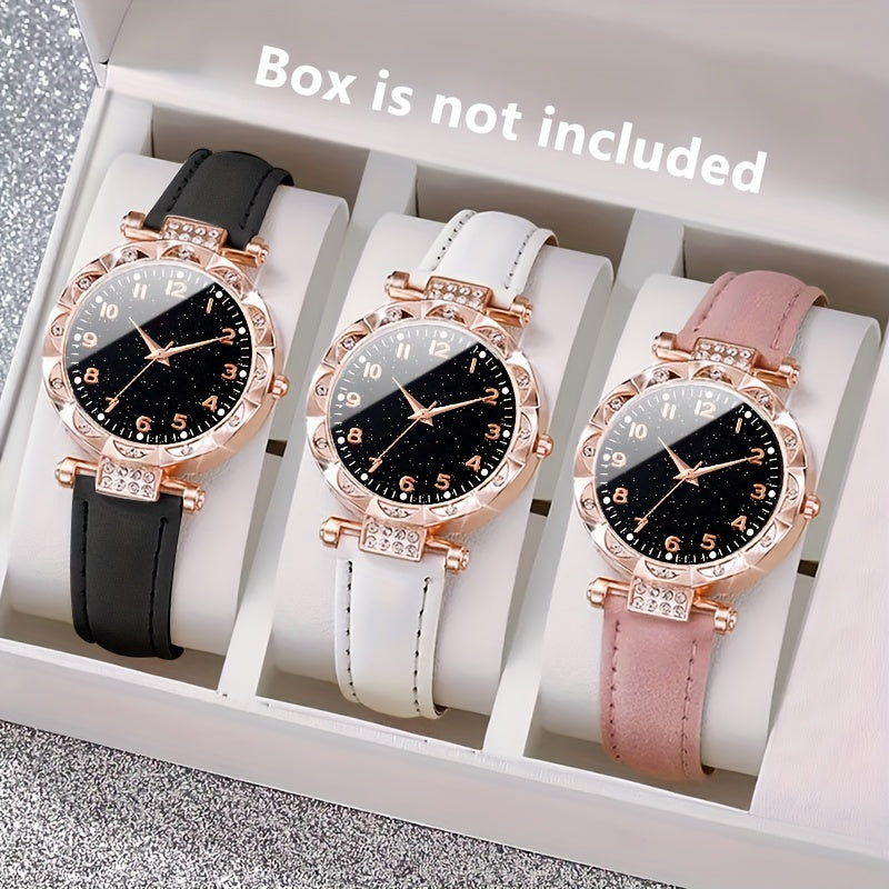 Women's Quartz Watch Set 3-Piece Round Dial PU Strap Elegant Gift