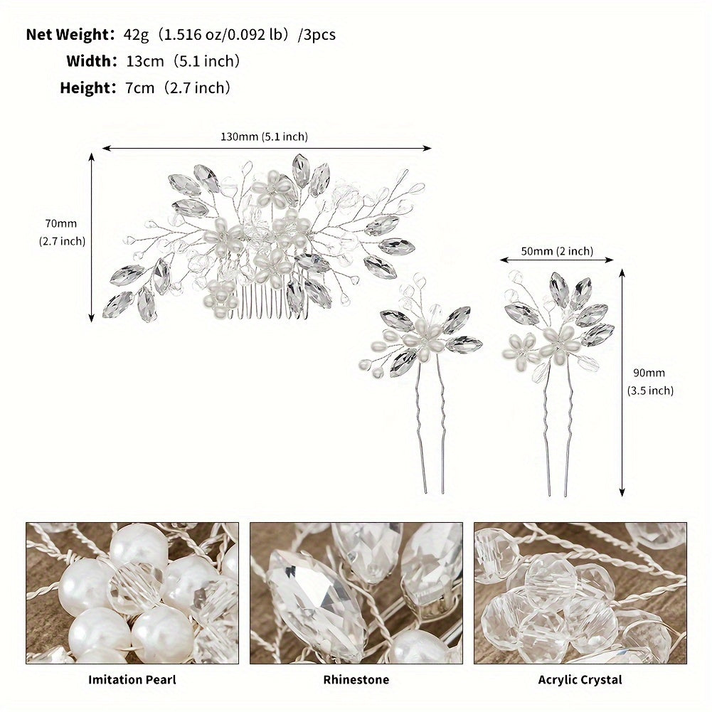 Pack of 3 Bridal Wedding Hair Comb Sets Pearl Flower Rhinestone Hair Accessories