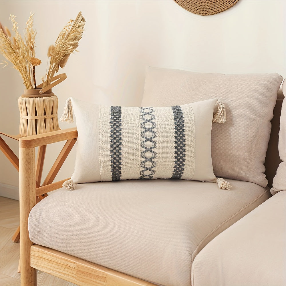 Bohemian Fringe Pillow Cover Geometric Pattern Orange Beige White Cushion Case for Sofa Decor