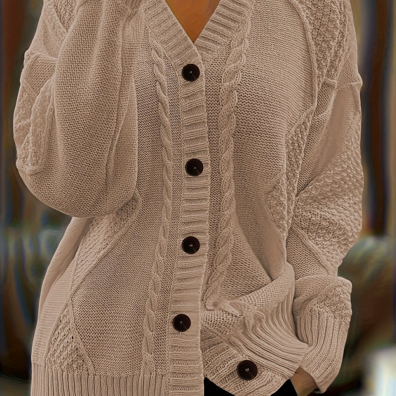 Plus Size Solid Color Button Drop Twisted Cardigan Casual Long Sleeve Sweater Women