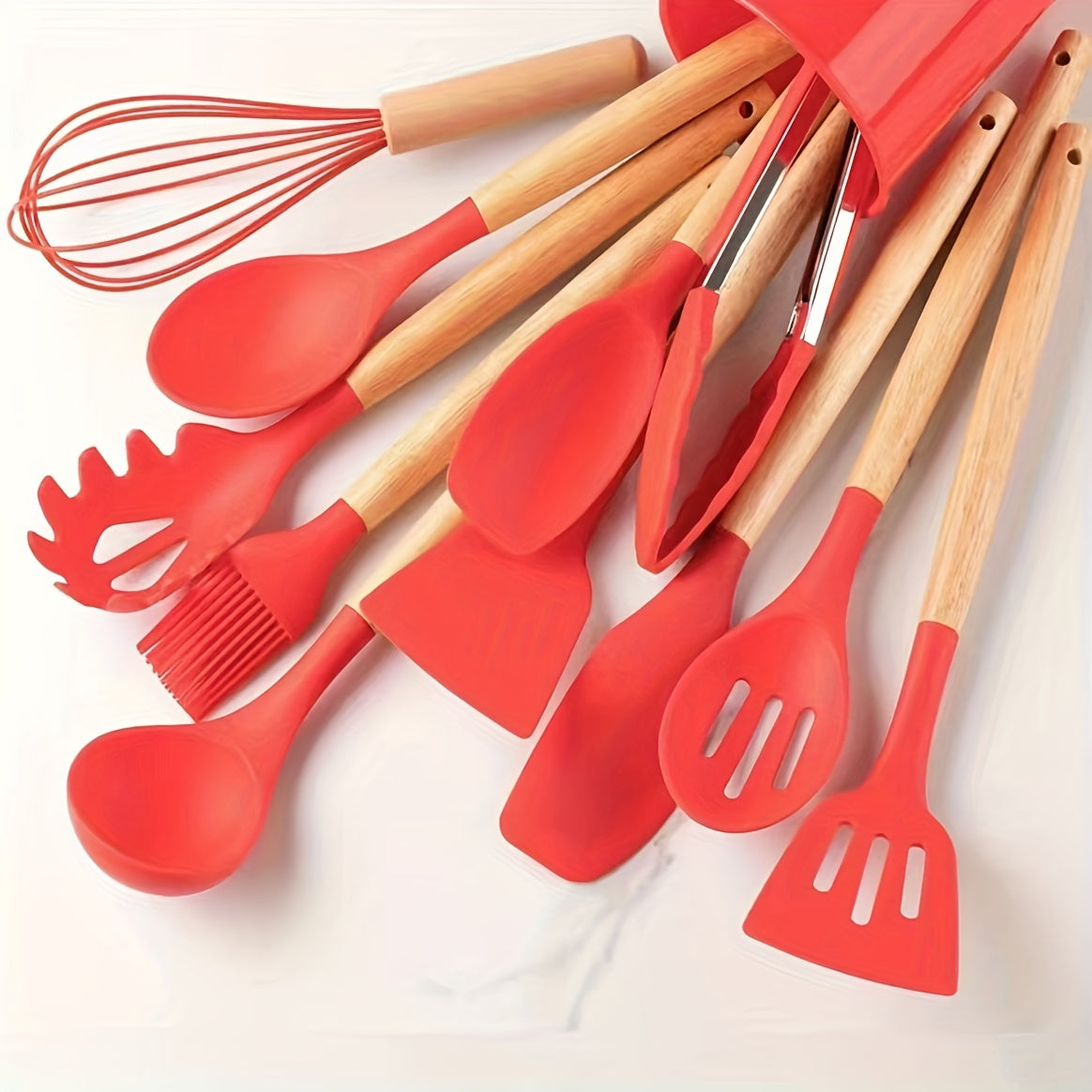 12-Piece Silicone Kitchen Utensil Set with Wooden Handles Khaki Non-Stick Heat-Resistant