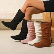Women's Solid Color Round Toe Flat Mid-Calf Boots with Side Zipper