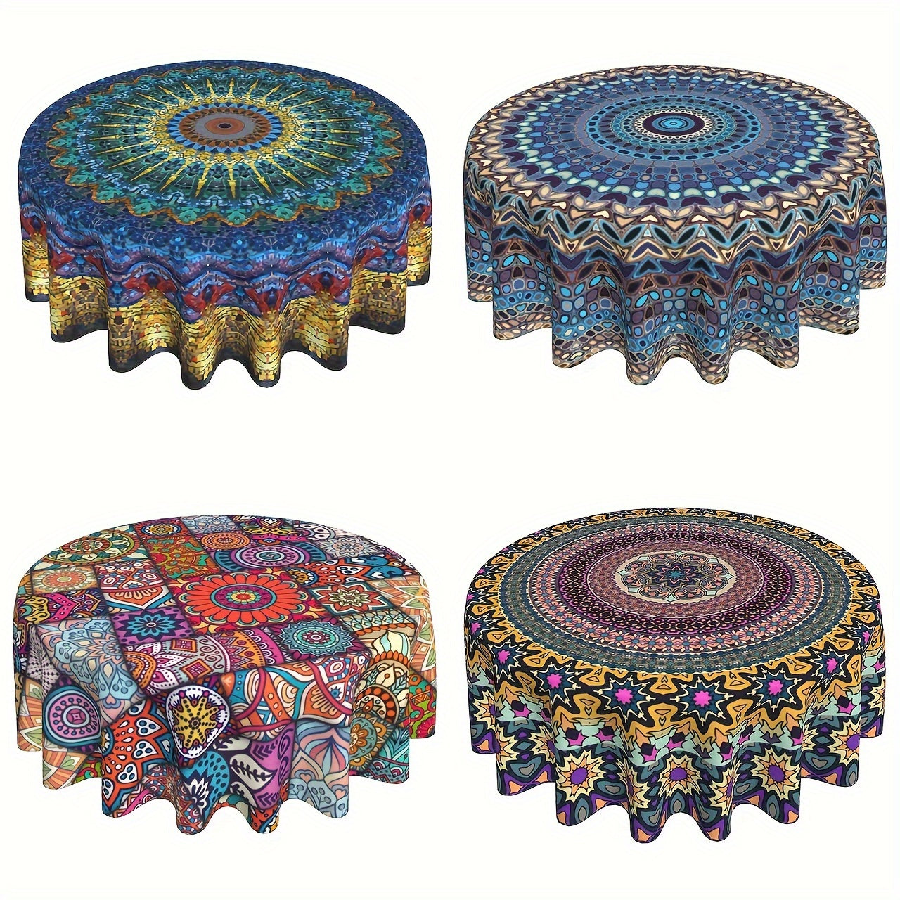 Mantel redondo impermeable de poliéster bohemio con mandala para cocina, comedor y uso exterior