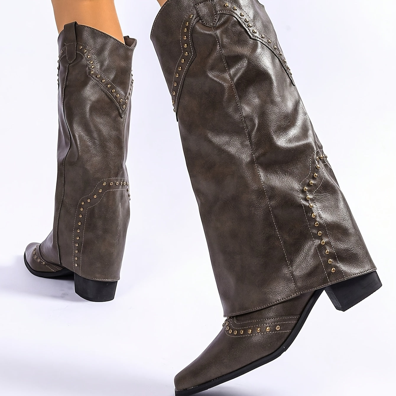 Women's Vintage Square Toe Mid-Heel Ankle Boots Brown Faux Leather Cowgirl Style
