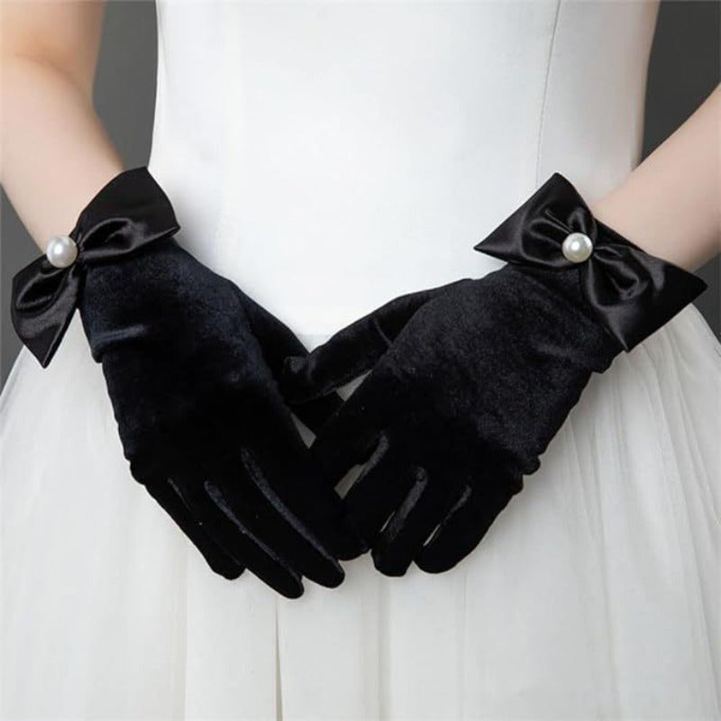Black Satin Long Finger Wrap Gloves with Pearl Accents for Evening Gowns and Performances