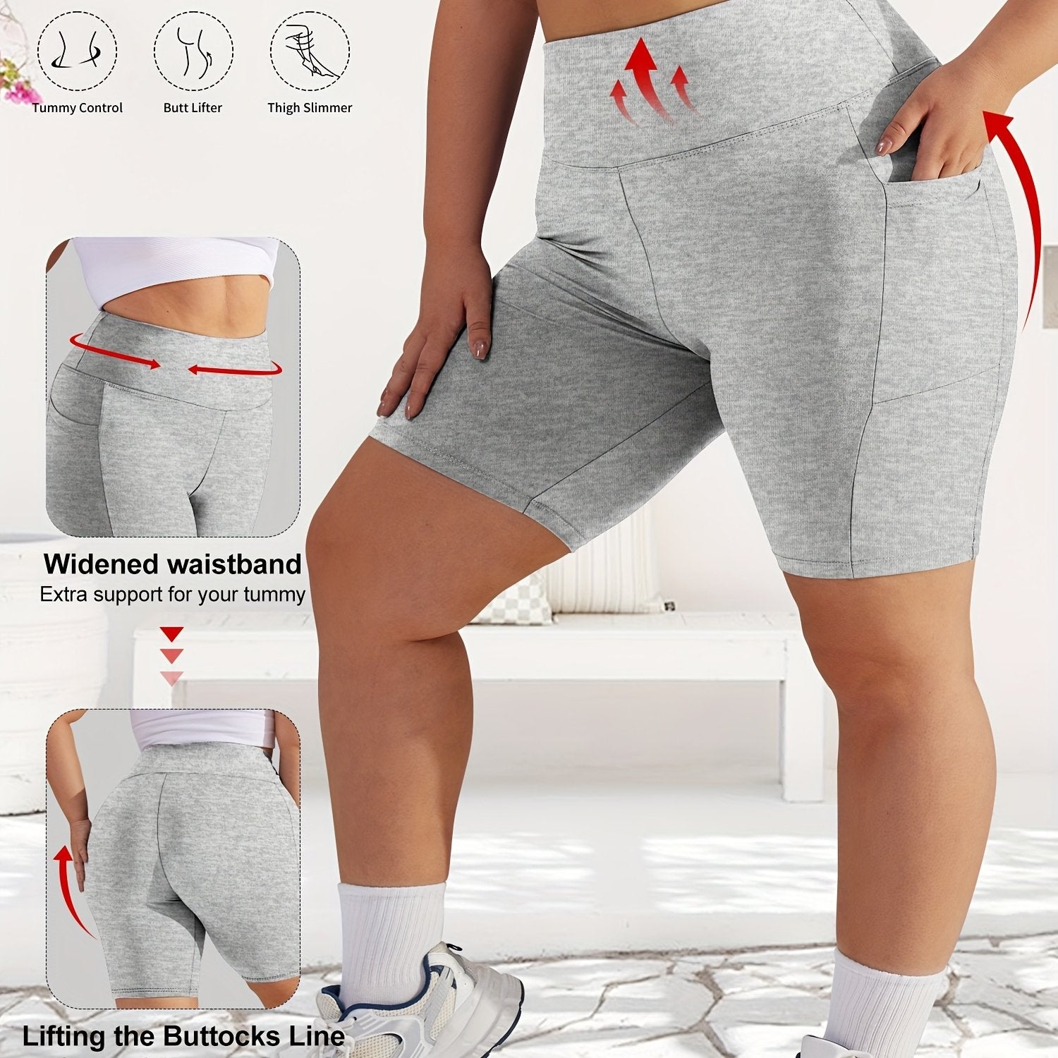 Women's Plus Size High-Waist Tummy Control Workout Shorts with Pockets