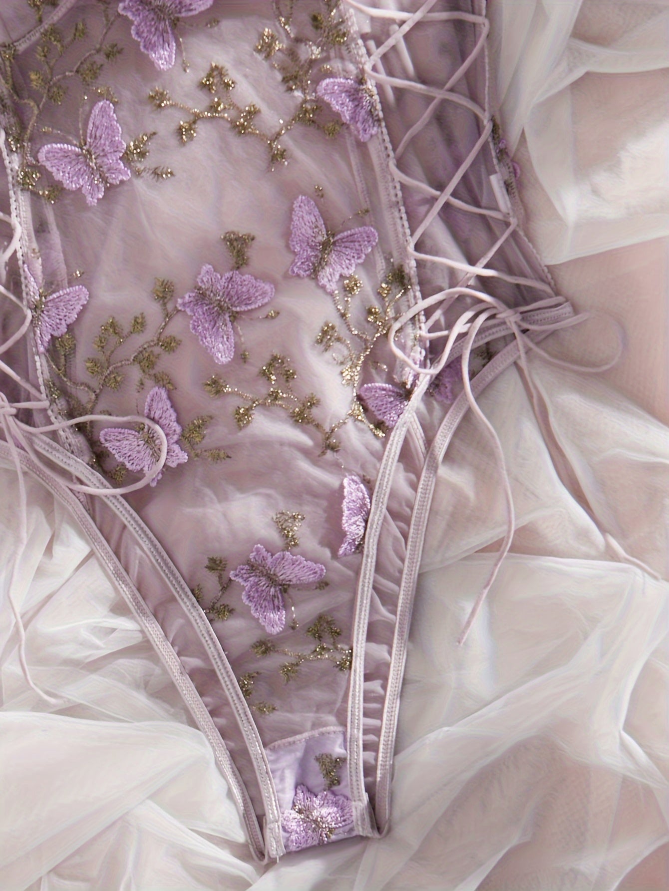 Women's Lace Teddy with Butterfly Embroidery and Plunging Back