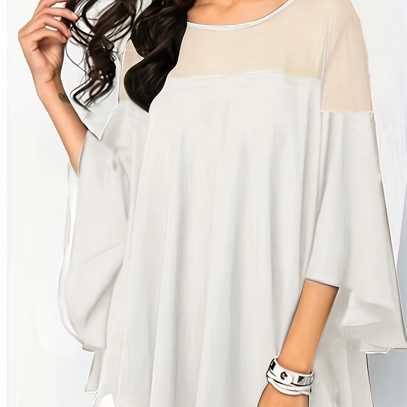 Plus Size Women's Green Blouse with Lace Detail, Half Sleeves, Crew Neck