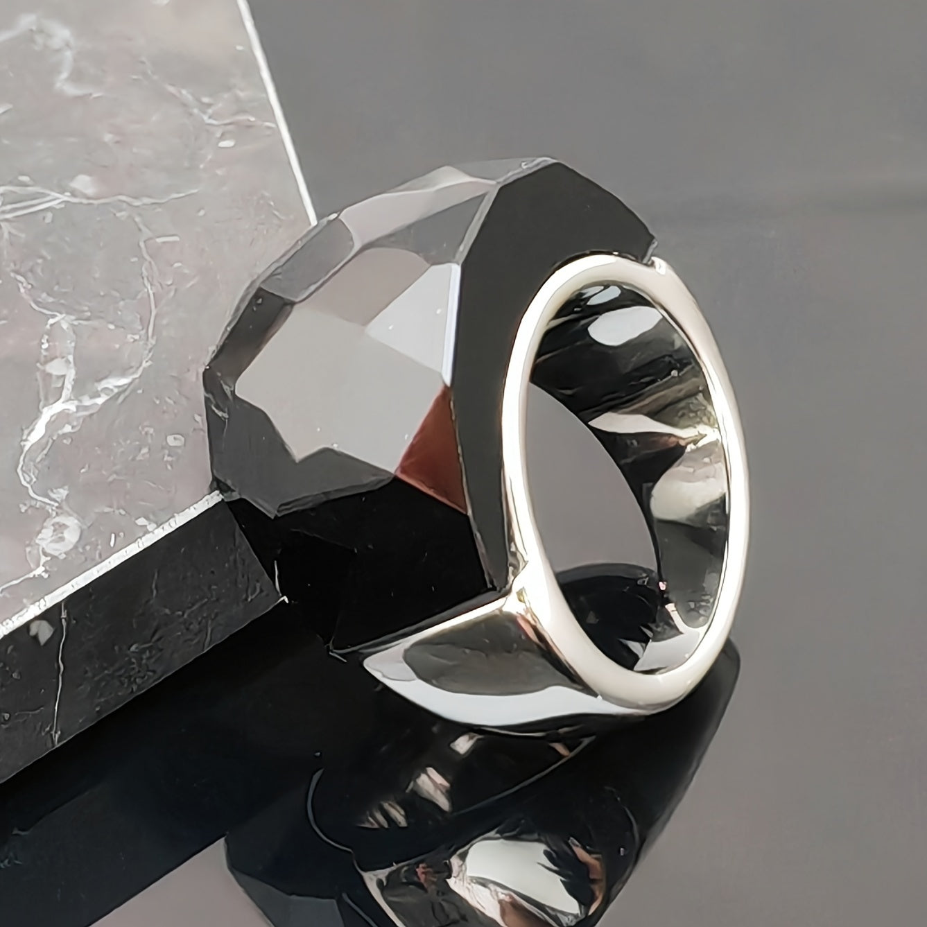 Stainless Steel Ring with Black Synthetic Stone for Men and Women