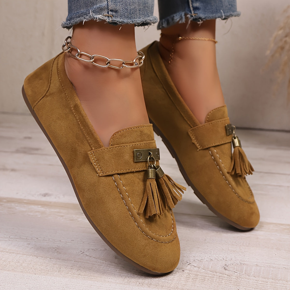 Women's Slip-On Loafers Non-Slip TPR Sole Floral Tassel Cushioned Insole