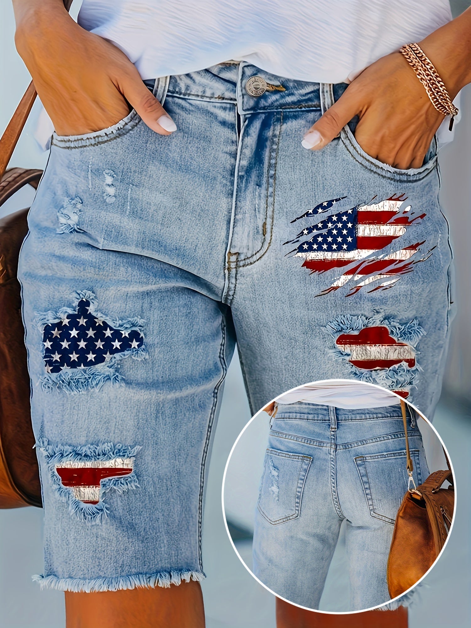 Shorts de mezclilla para mujer con parches rotos, cintura alta, casual y combinable