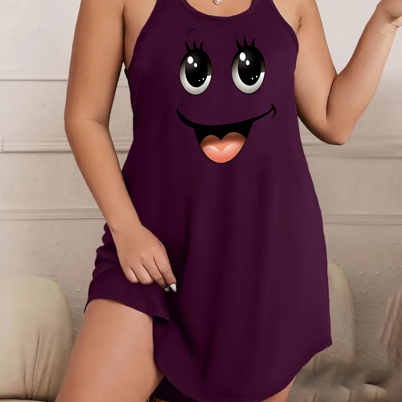 Plus Size Women's Sleepwear Nightgown Blue Face Print Casual Stretchy Sleep Dress