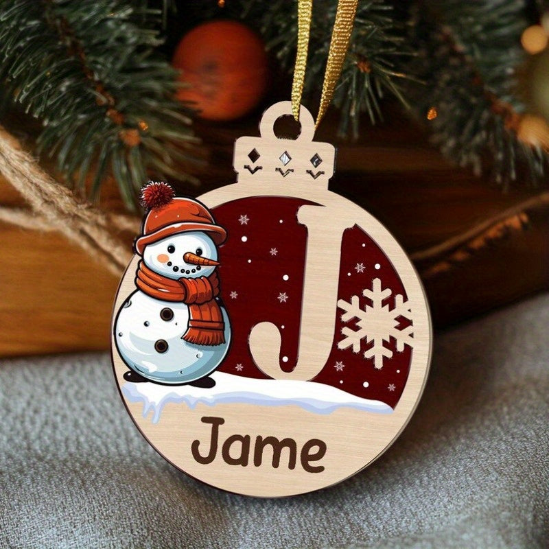 Personalized Wooden Christmas Tree Ornament with Custom Name Snowman Design