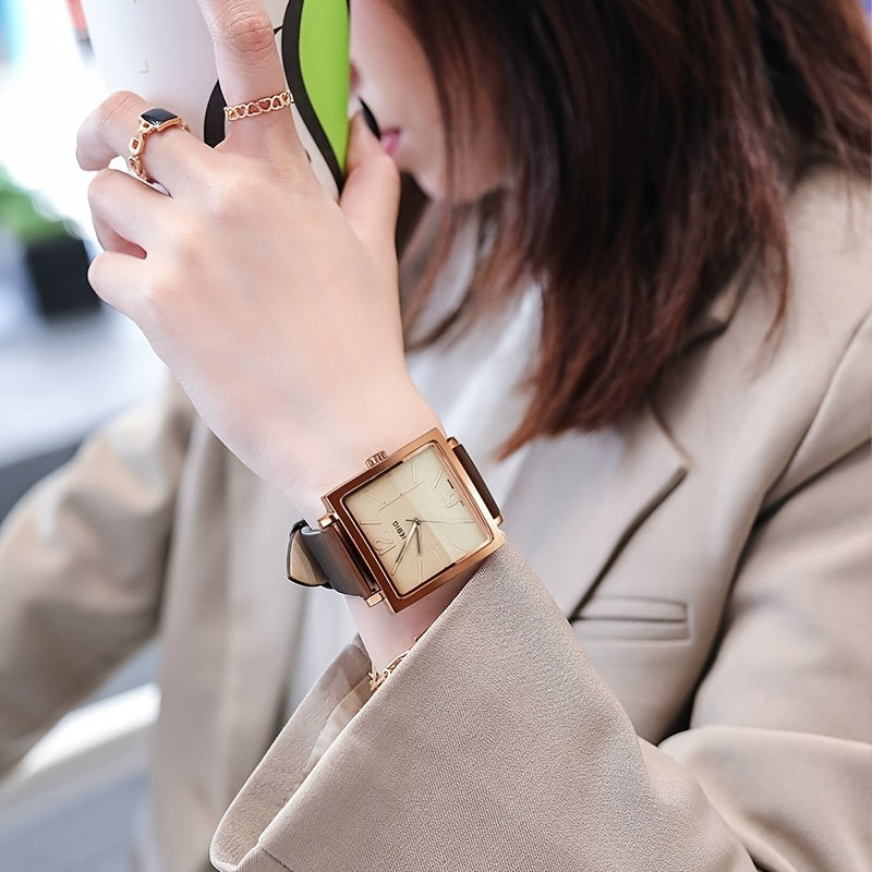 Women's Large Square Quartz Watch with Analog Dial and PU Leather Strap
