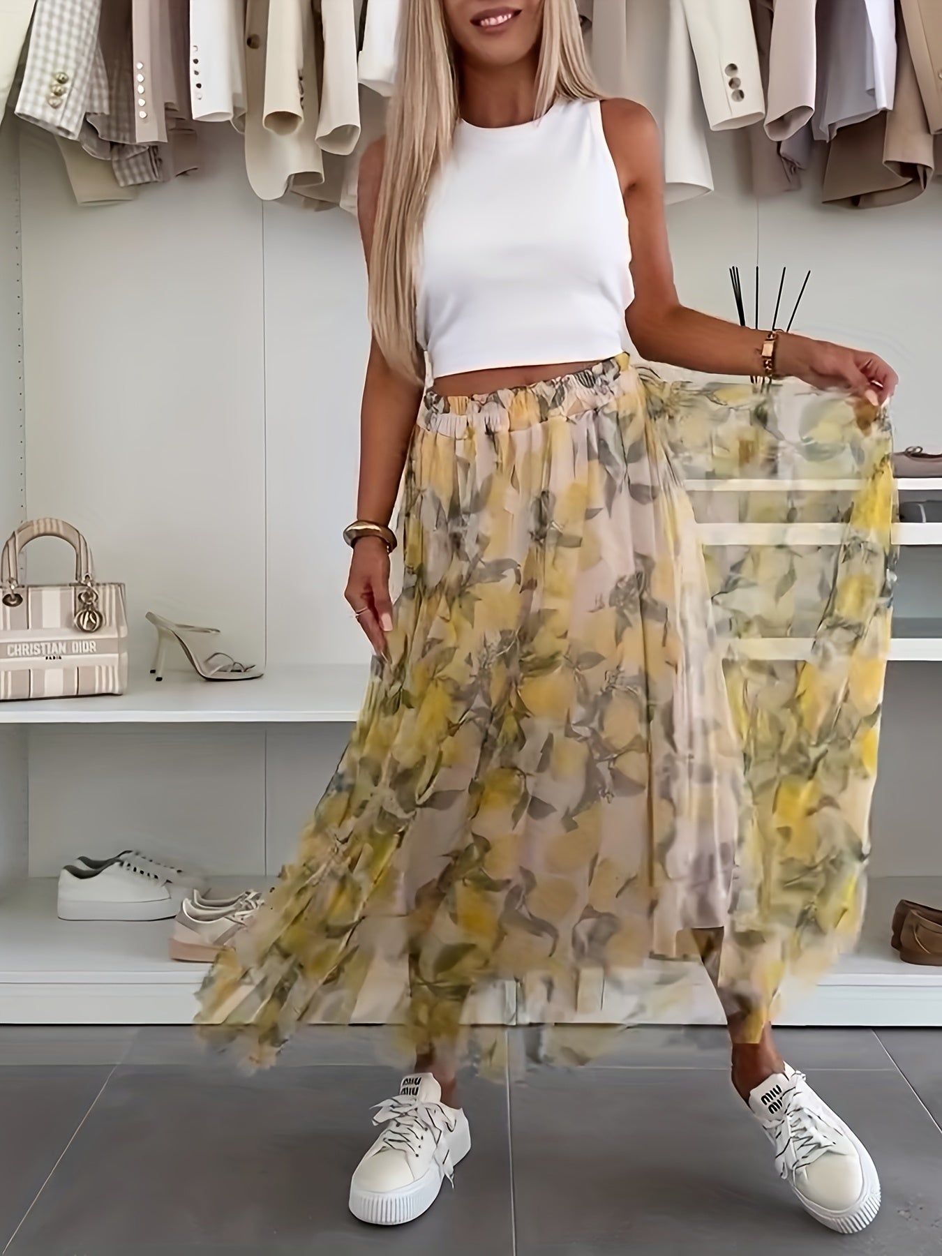 Falda midi de chiffon para mujer talla grande con estampado floral en amarillo y blanco, casual o semi-formal