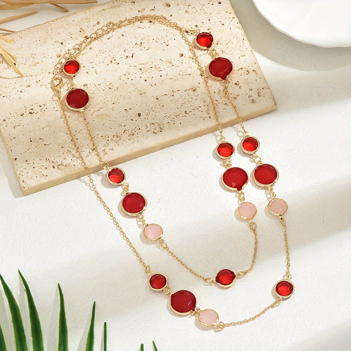 Women's Long Layered Necklace Minimalist Iron Chain with Plastic Gemstones