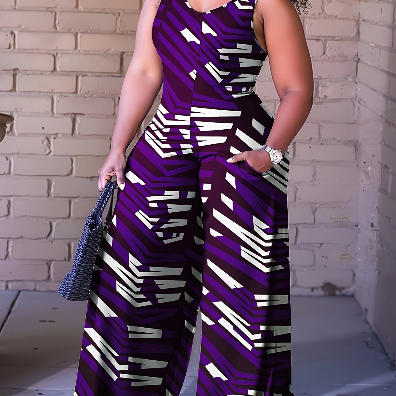 Плюс сайз женский безрукавный комбинезон с геометрической полоской и широкими штанинами, пляжное отпускное летнее платье