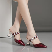 Women's Faux Pearl Buckle Slip-On Sandals with Chunky Heel and Pointed Toe