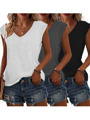Women's Casual Solid Color V-Neck T-Shirts, Short Sleeve, Loose Fit, 3 Pack