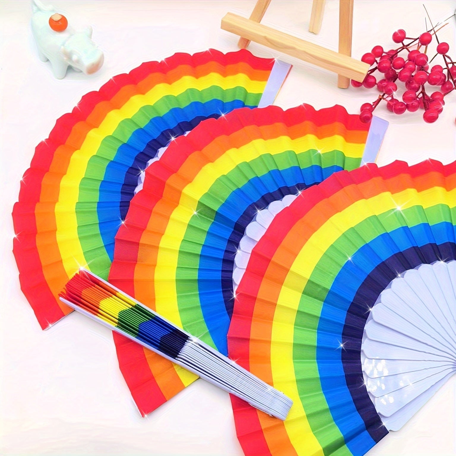 Set of 12 Rainbow Folding Fans Linen Fabric for Women Festive Party Decor