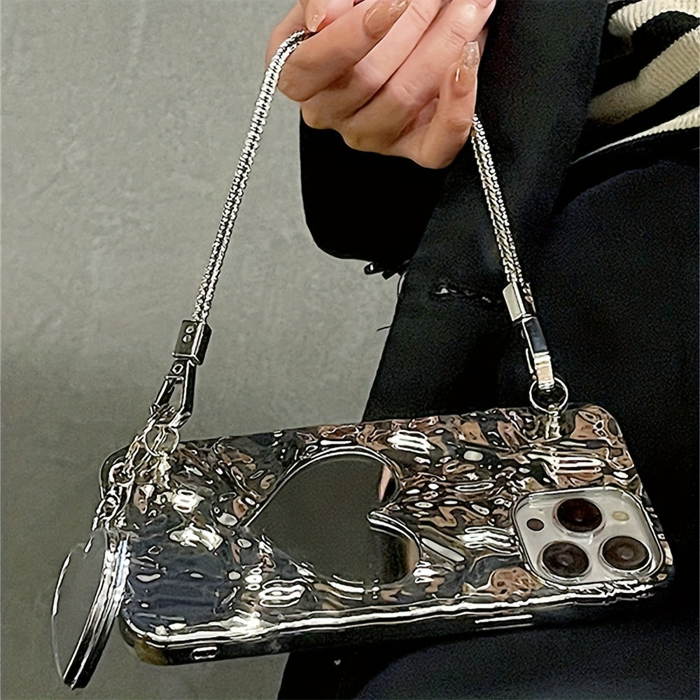 Portable Silver Heart-Shaped Mirror Bracelet Phone Case for iPhone 11-15 Pro Max