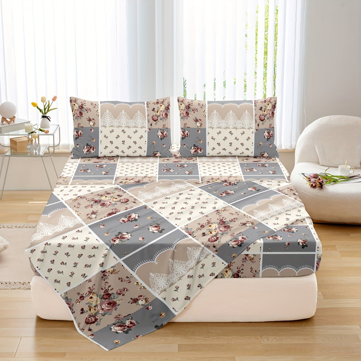 Set of 4 Flower Stitching Print Fitted Sheets Bedding Set Soft Breathable for Bedroom Guest Room Dorm