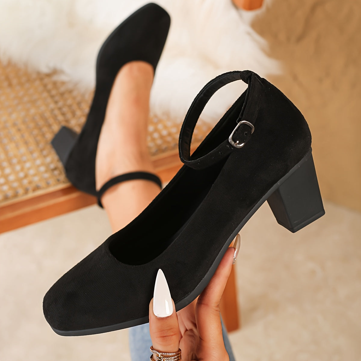 Women's Black Mary Jane Flats with Square Toe and Block Heel