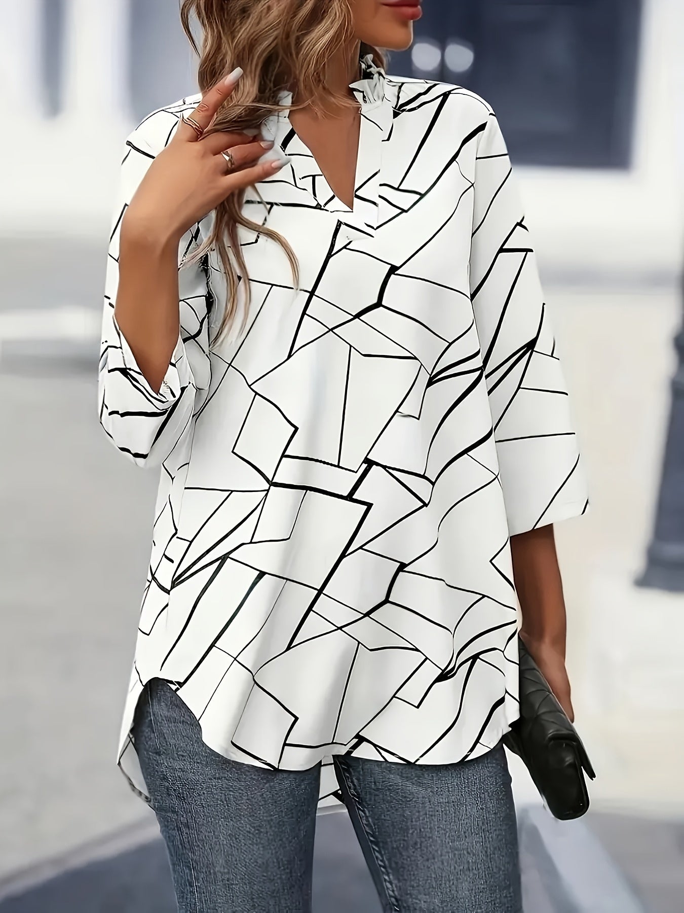 Women's V-Neck Blouse Lightweight Black and White Mosaic Top