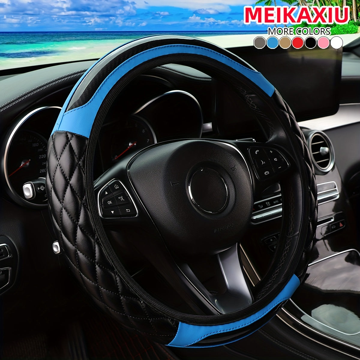 3D Embroidered Crystal Carbon Fiber Faux Leather Steering Wheel Cover Universal Fit 36.83-38.1 cm for Cars in 5 Colors