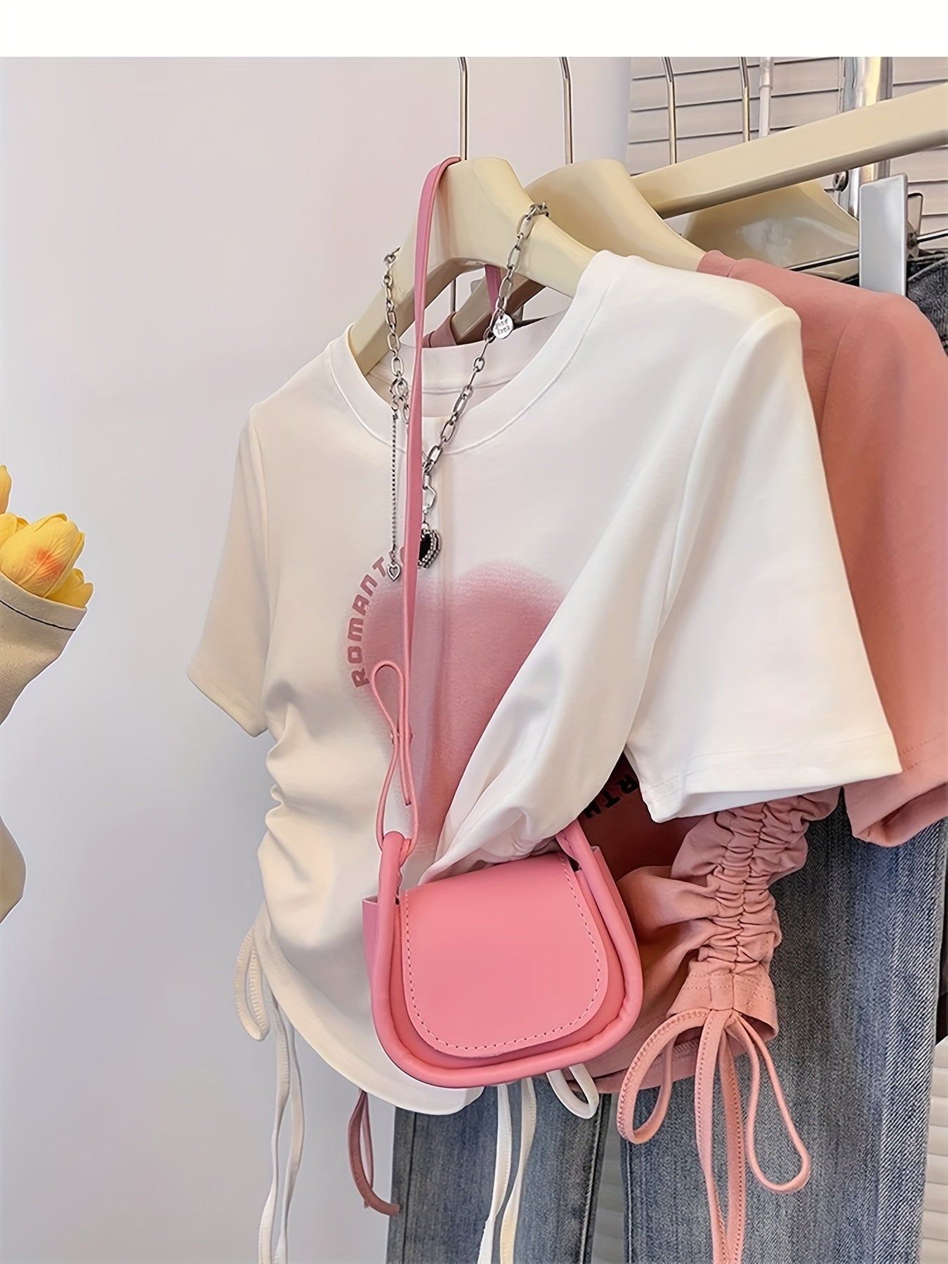 Women's Heart Print Crop Top Short Sleeve Drawstring Summer T-Shirt