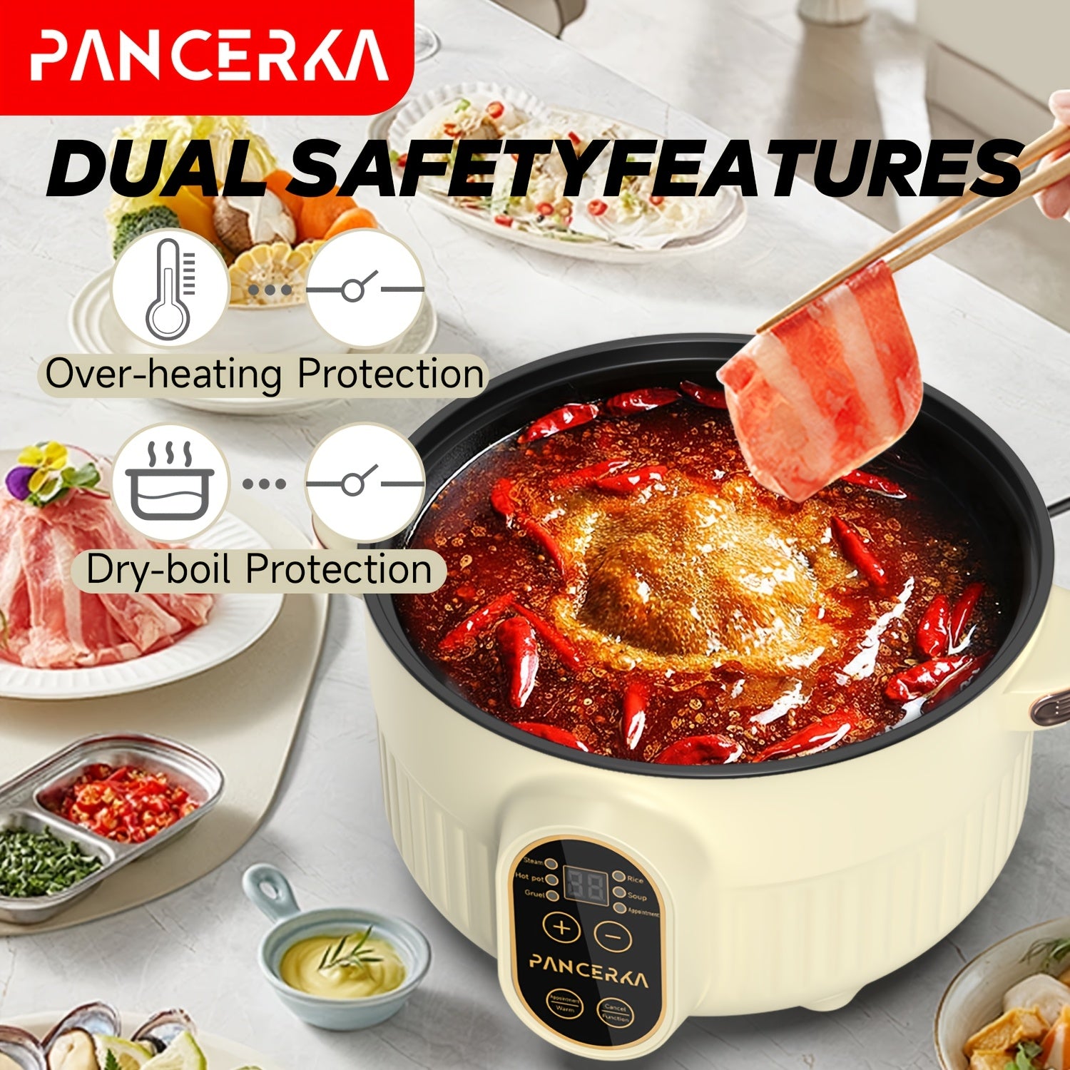 PANCERKA 2L Katta quvvatli elektr hot-poti, sozlanadigan harorat nazorati bilan (800W), sho'rva, bug'lash, makaron va boshqalar uchun. Portativ va oson tozalanadigan, uy, yotoqxona va ofislar uchun ideal.